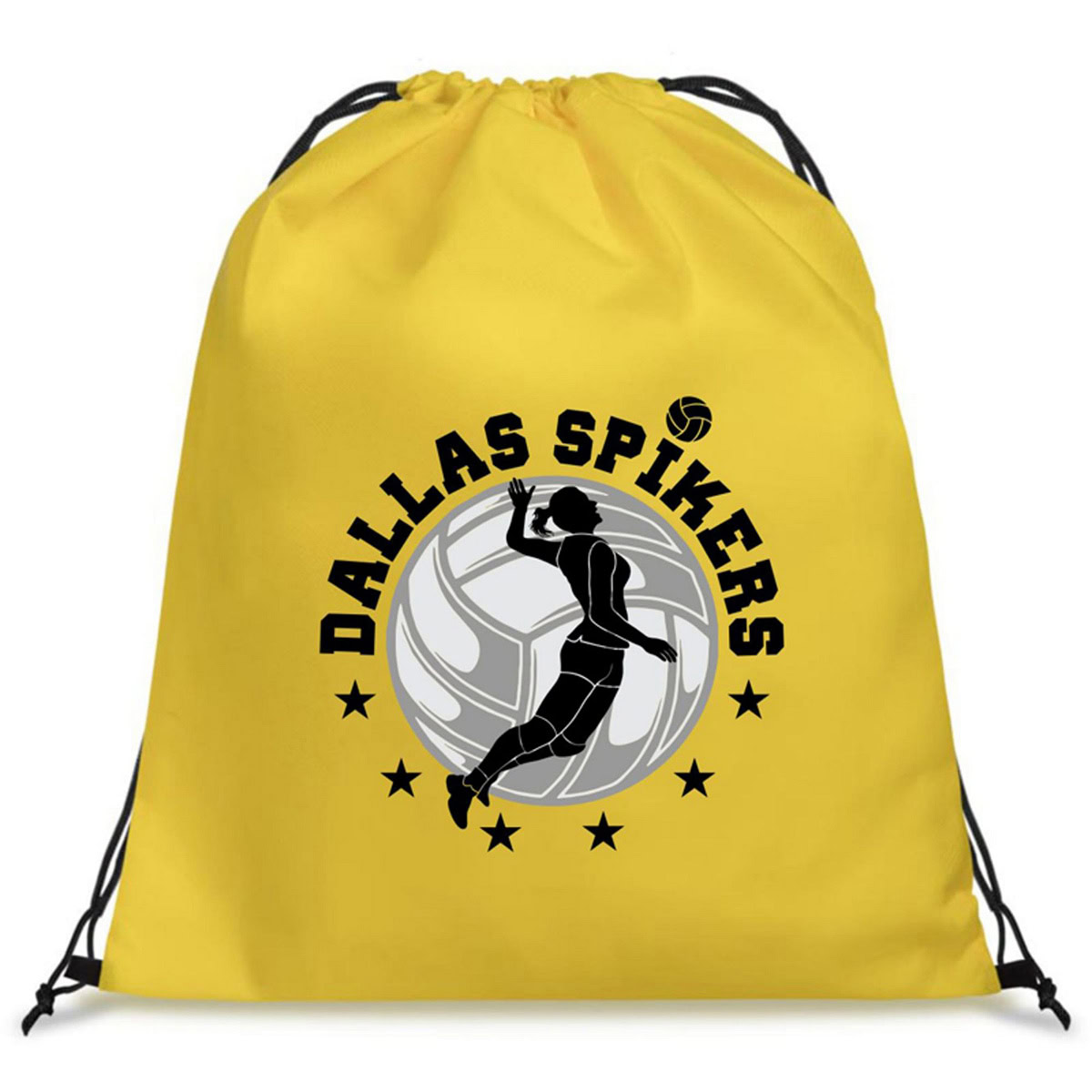 a yellow drawstring bag with a logo and a volleyball ball