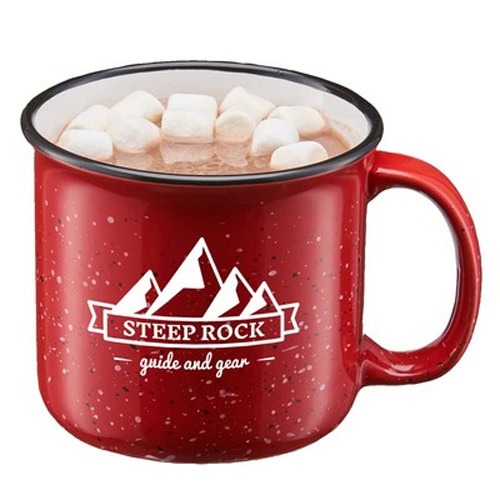 a red mug with a drink and marshmallows